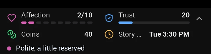 Rulebook meters: Affection 2/10, Trust 20, Coins 40, Story time Tue 3:30 PM